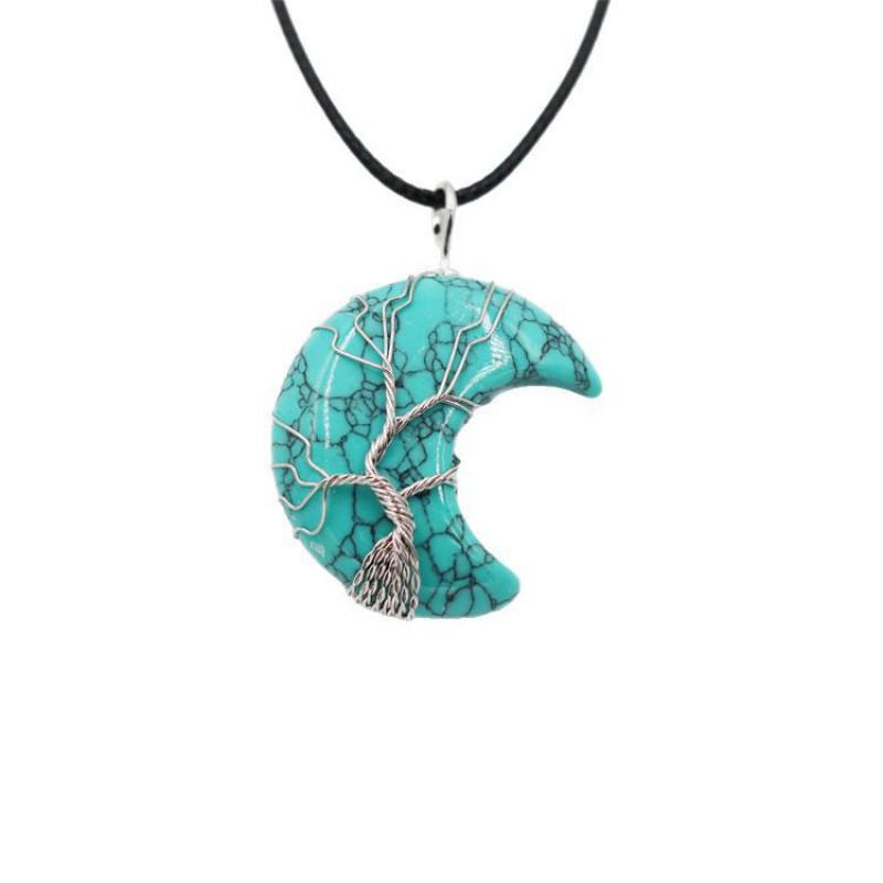 Handcrafted Geometric Moon Pendant Necklace With Natural Stone Wire-Wrapped Tree Design Women