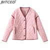 BITCED Women's Autumn/Winter Fashion Casual V-Neck Printed Quilted Cotton Patchwork Jacket