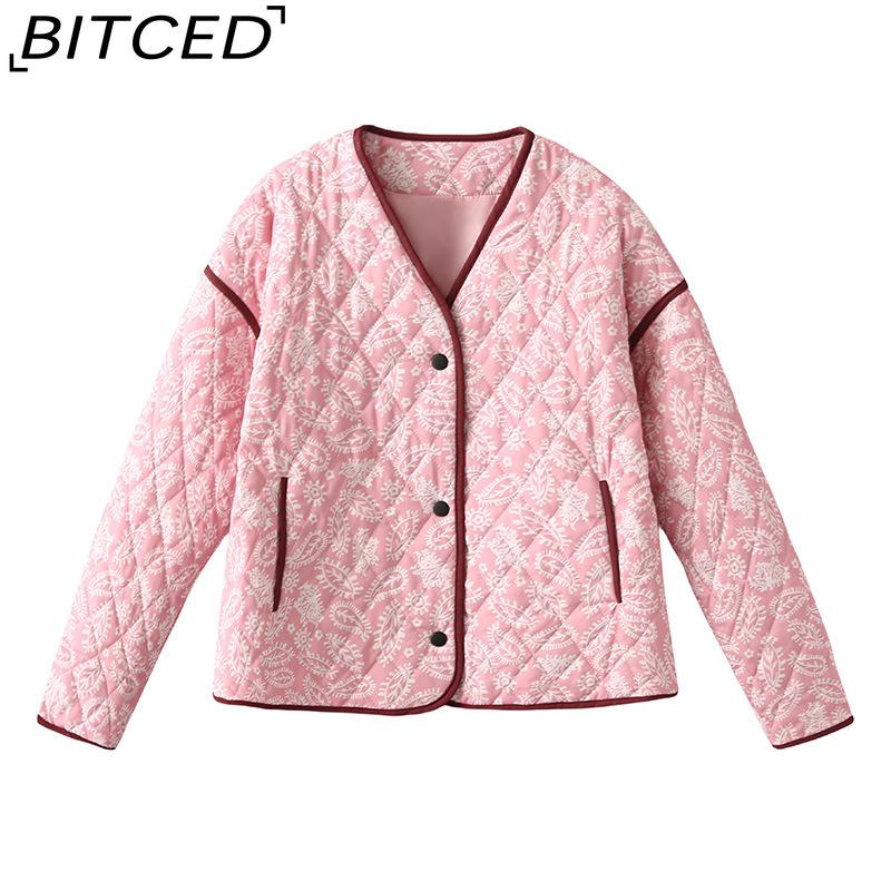 BITCED Women's Autumn/Winter Fashion Casual V-Neck Printed Quilted Cotton Patchwork Jacket