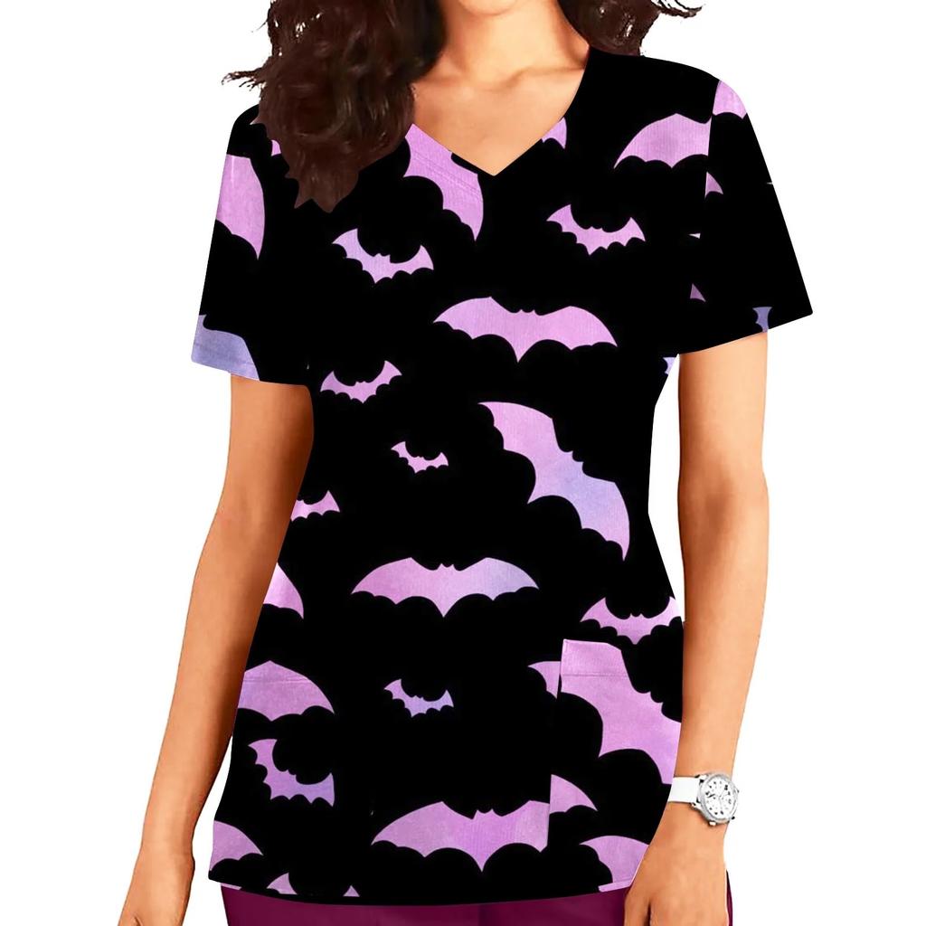 Halloween Womens Nursing Scrub Tops Working Uniform Summer Short Sleeve V Neck Pocket Workwear Blouse T-shirt Loose Nursing Scru