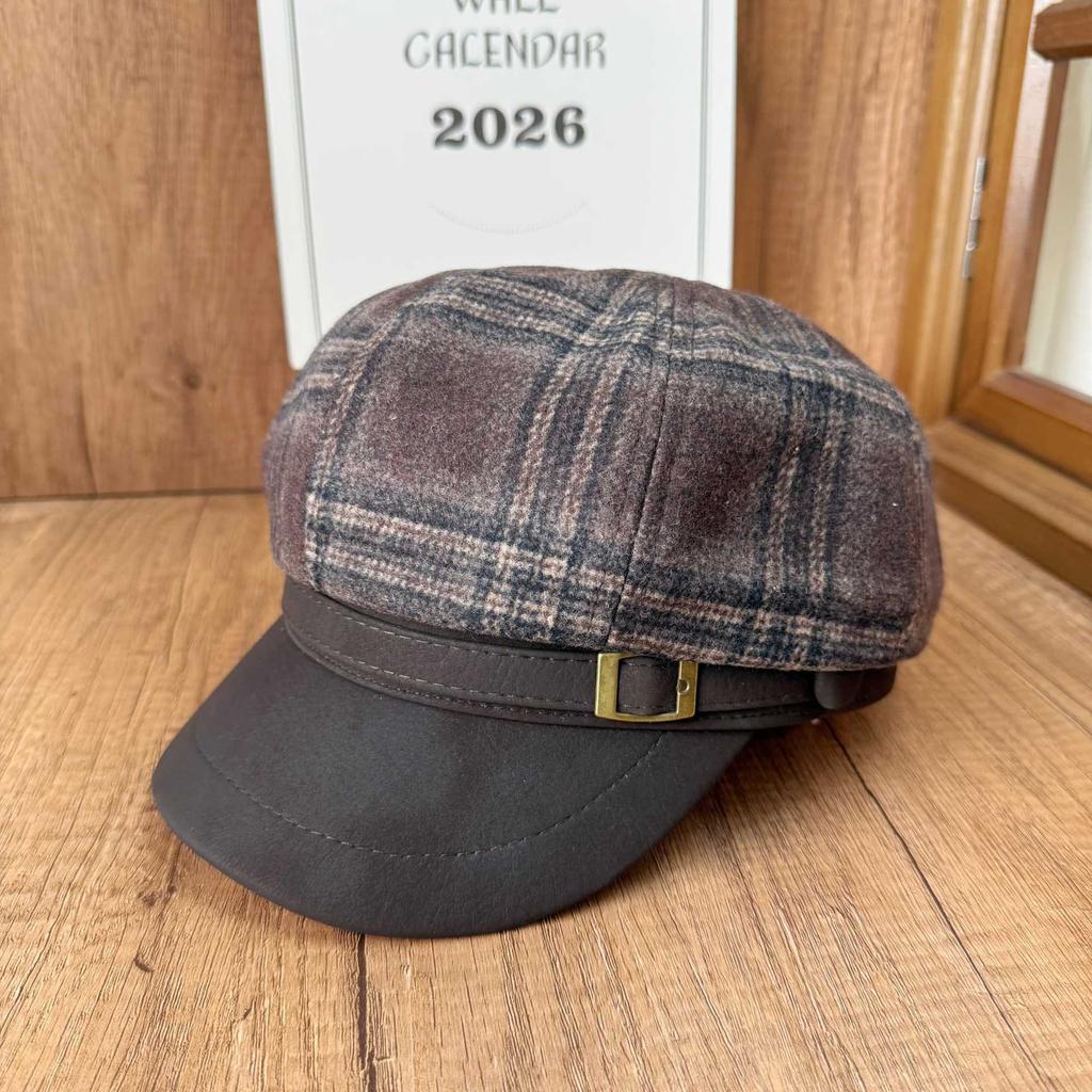 French retro plaid woolen octagonal hat women's autumn and winter leather brim newsboy hat shows a small face, daily matching hat