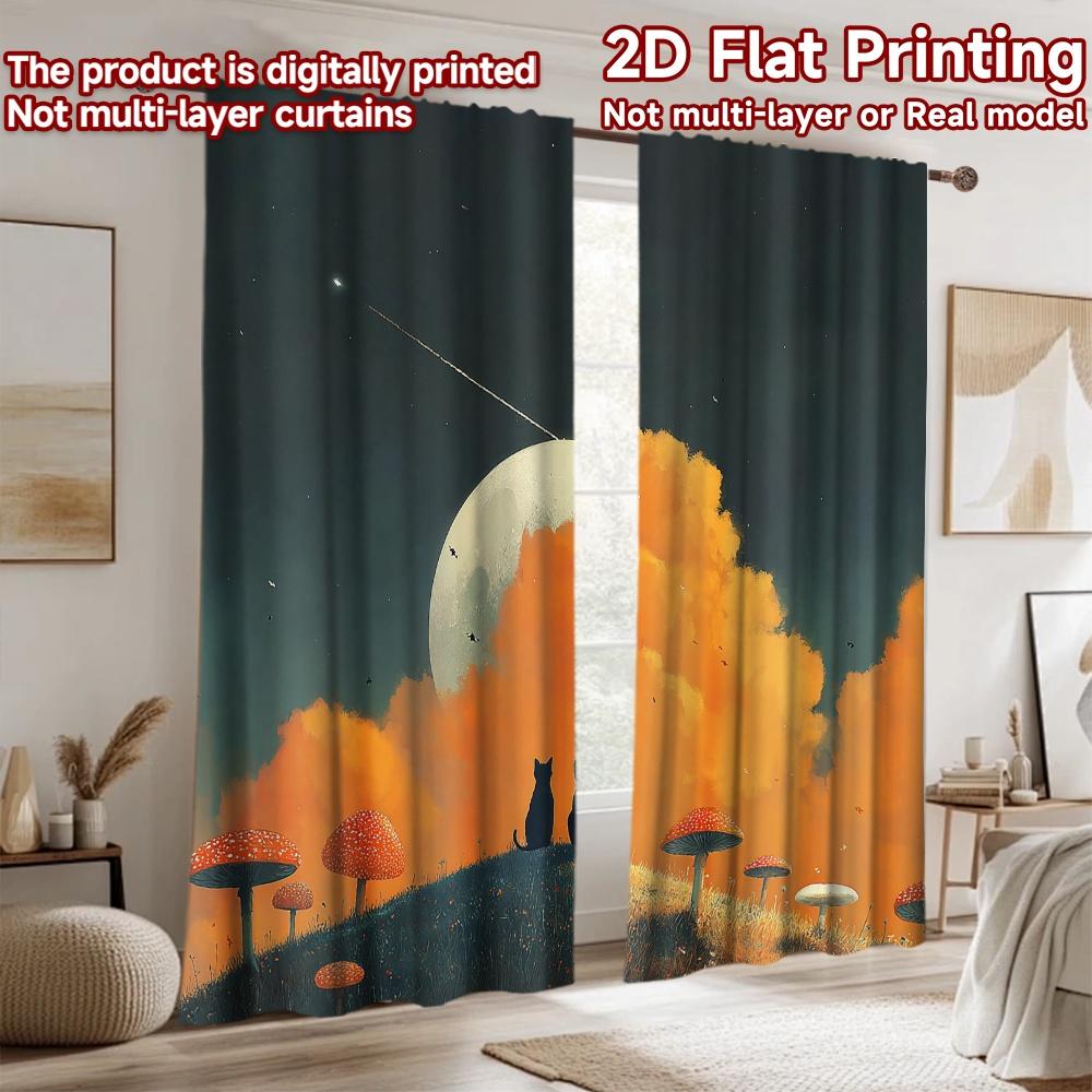 2D flat printing 2pcs Window Curtains Black cats moon mushrooms Digital Printed Polyester Drapes Birthday Party for living room
