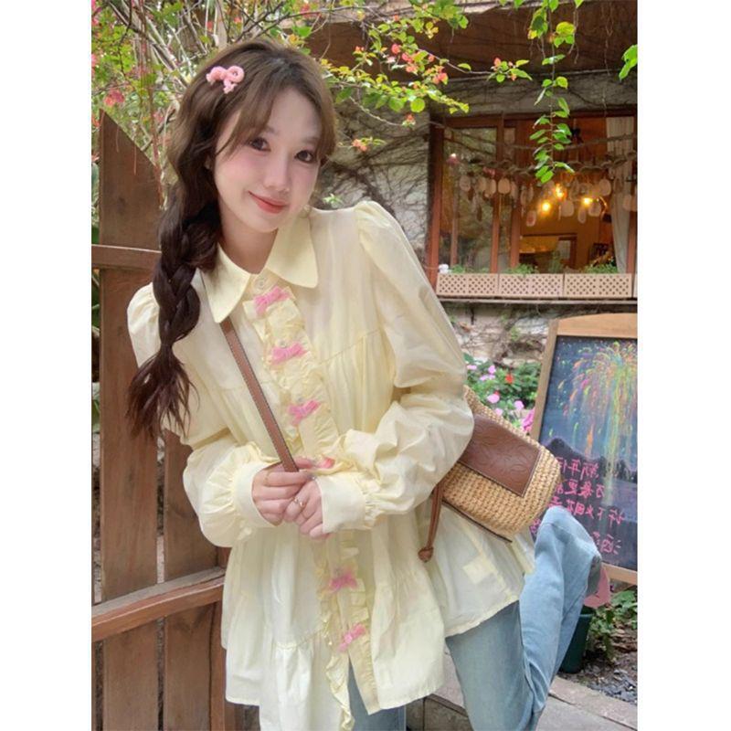 

Женская рубашка-жакет с рукавами-буфами и бантом - Новая нежная милая блузка, свободный топ средней длины для весны и осени 2025 S (37.5kg-47.5kg)