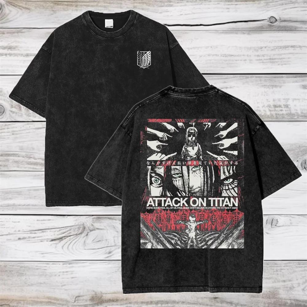 T-shirt Attack on Titan Anime Vintage Lavate Comode T-shirt Casual Larghe T-shirt da Uomo in Cotone