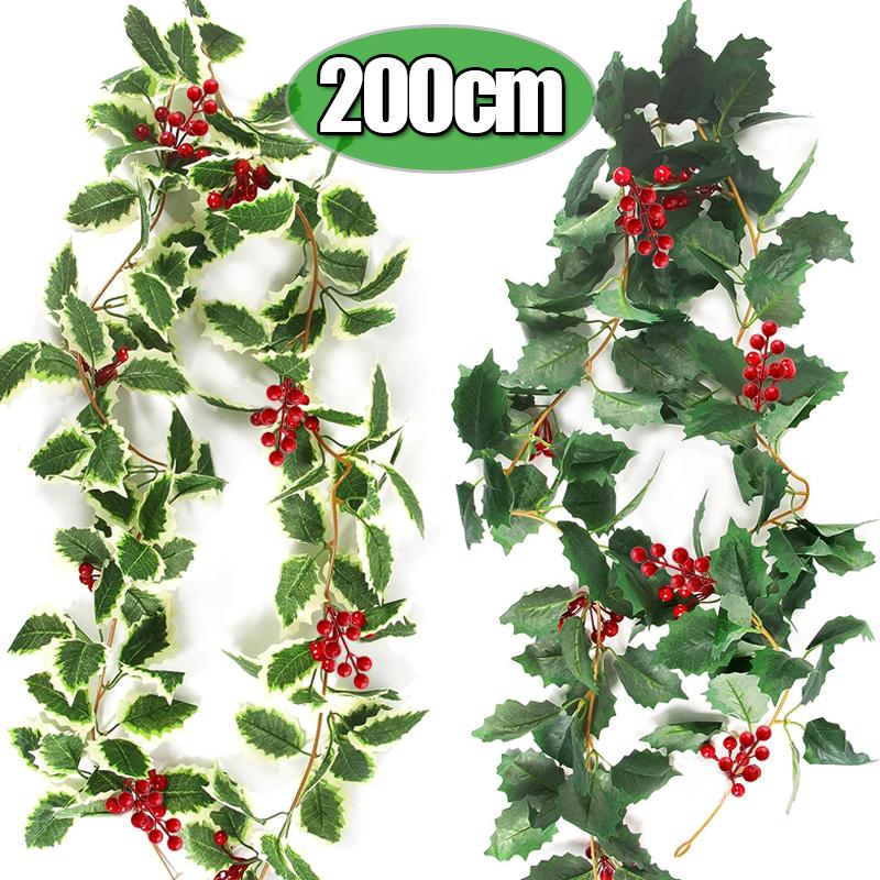 2M Artificial Holly Berry Green Leaves Vine Christmas Garlands Red Berry Xmas Tree Hanging Rattan Ornaments New Year Decoration