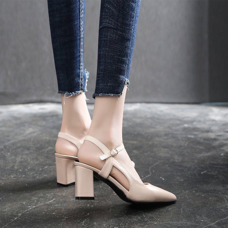 Sandály s ostrým špičkou pro ženy Jarní Korejské Silný podpatek Pásek s jednou přezkou Ležérní Jednoduché boty