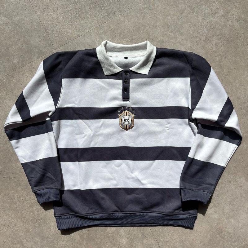 European and American Y2k Long Sleeved Printed Embroidered Polo Collar Pullover