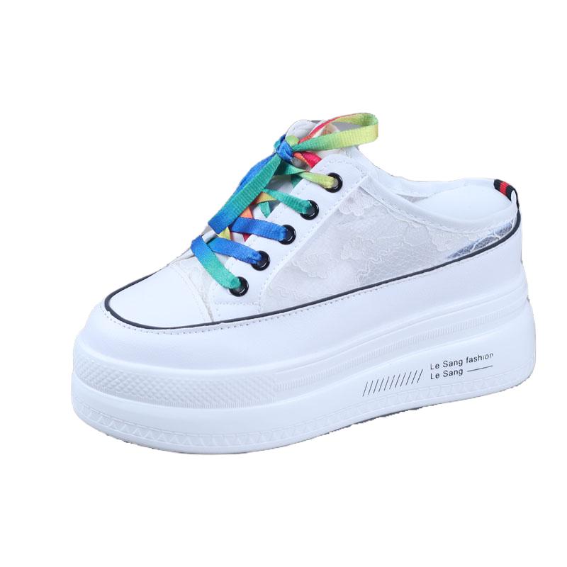 Fashion Summer Gauze Breathable Small White Shoes Wrapped Head Half Slipper Female Thick Sole Inside Increase 10CM Heelless Lazy Shoes