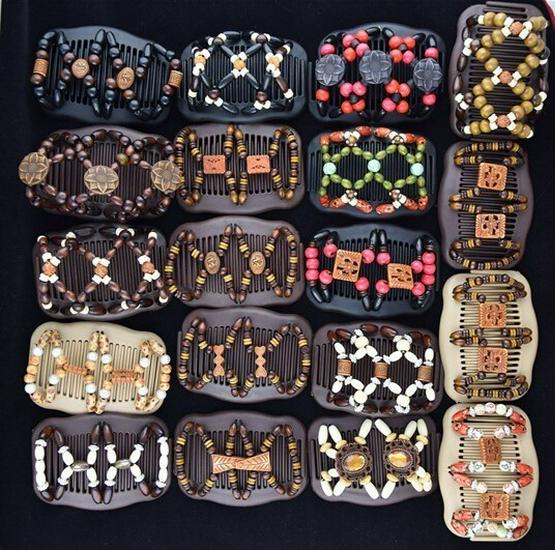 

Дерев яний гребінець для волосся з намистинами, подвійний ряд, еластичний, для укладки