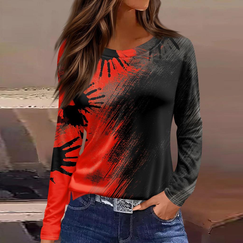 Women's Halloween Print Long Sleeve Round Neck Casual Top with Side Slit