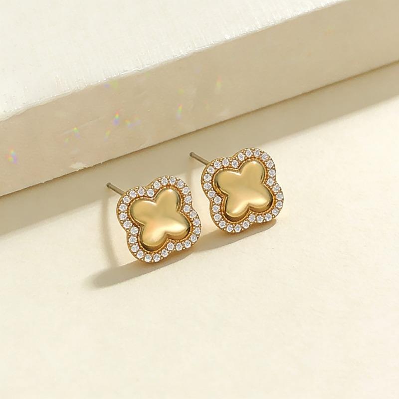 Womens Light Luxury Four Leaf Clover Inlaid Zircon Full Diamond Stud Earrings Jewelry