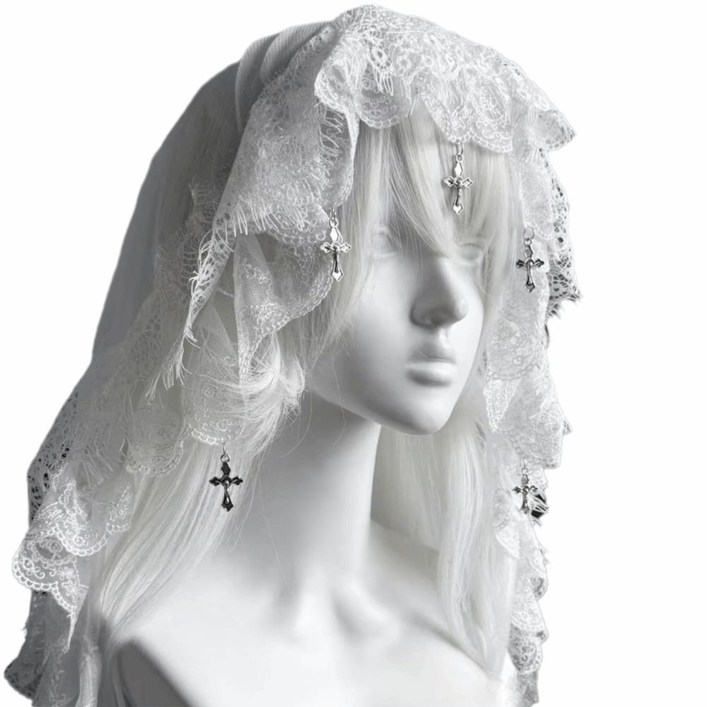 Black and White Lolita Tulle Head Cover Cross Pendant Lolita Lace Veil Y2K Wedding Veil Women