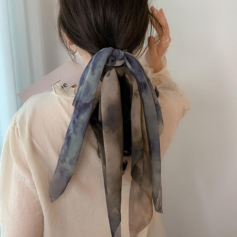 New Chiffon Tie Dye Print Long Hair Ribbon Scrunchies Elastic Hair Bands Women Girls Bow Ponytail Holder Hair Ties Accessories