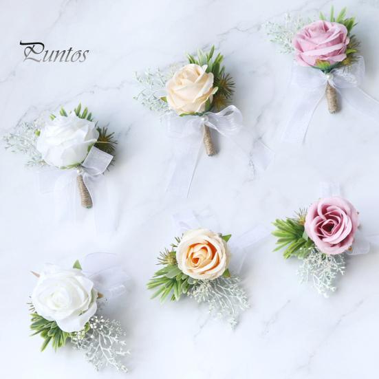 Set Corpetto Da Polso Con Rosa E Fiore All'Occhiello Artificiali - Per Sposa, Sposo, Damigelle E Ballo