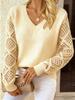 V-Neck Crochet Jacquard Sweater: Women's Loose Fit, Long Sleeve Pullover for Spring & Autumn