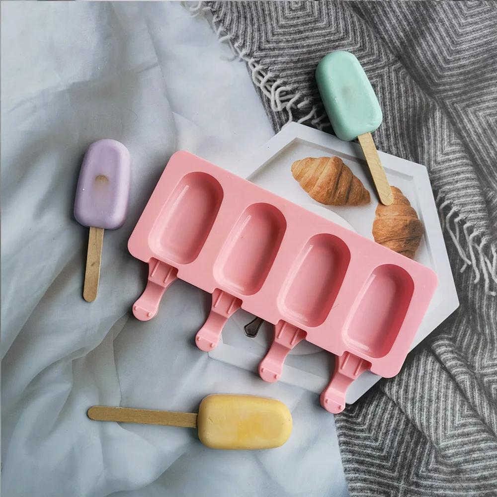 4 Cells Oval Silica Gel Mold Silicone Ice Cream Mold Popsicle Mould DIY Ice Pop Popsicle Manufacturer Ice Tray Cake Baking Tool