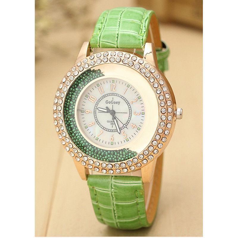 Stylish Women's Quartz Watch With Rhinestones And Pearl Shell Face Elegant Pu Strap