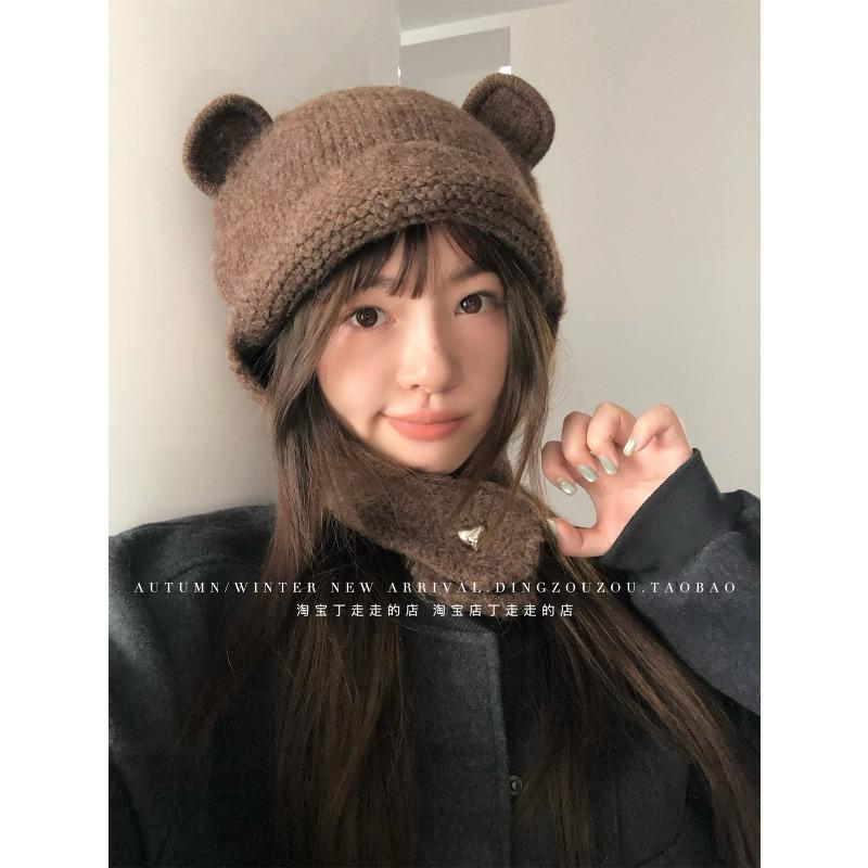 Cute Bear Ears Red Knitted Autumn and Winter Wool Hat Women's Warm Ear Protection Hat Showing Face Small Winter Headhat