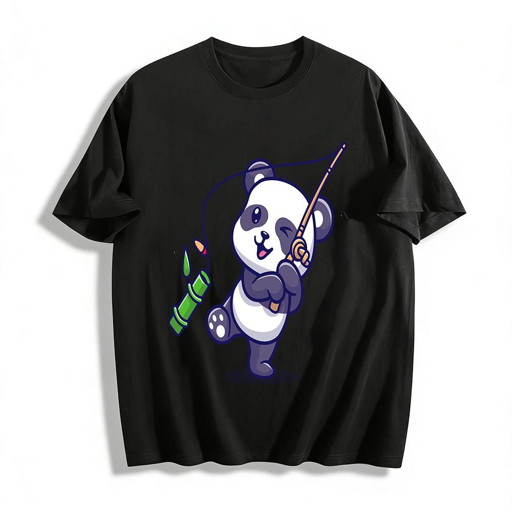 

Cute Panda Fishing Print Casual T-Shirt Unisex Loose Breathable Top Pure cotton T-shirt XXS