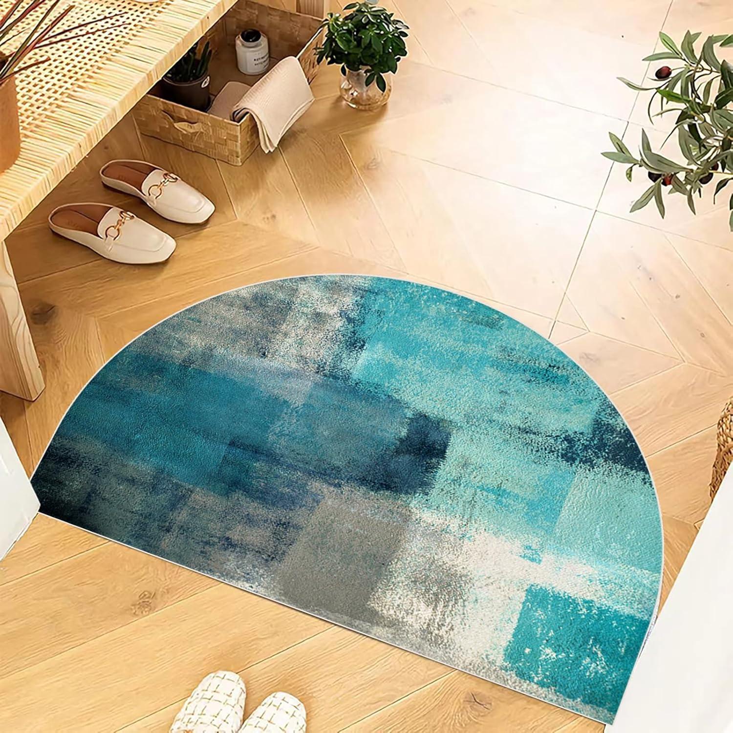 Tapis Rond Moderne Abstrait Lavable Antidérapant Tapis de Sol Demi-Lune Bienvenue Paillasson Orange Gris Entrée Intérieure 50x80cm-Felt