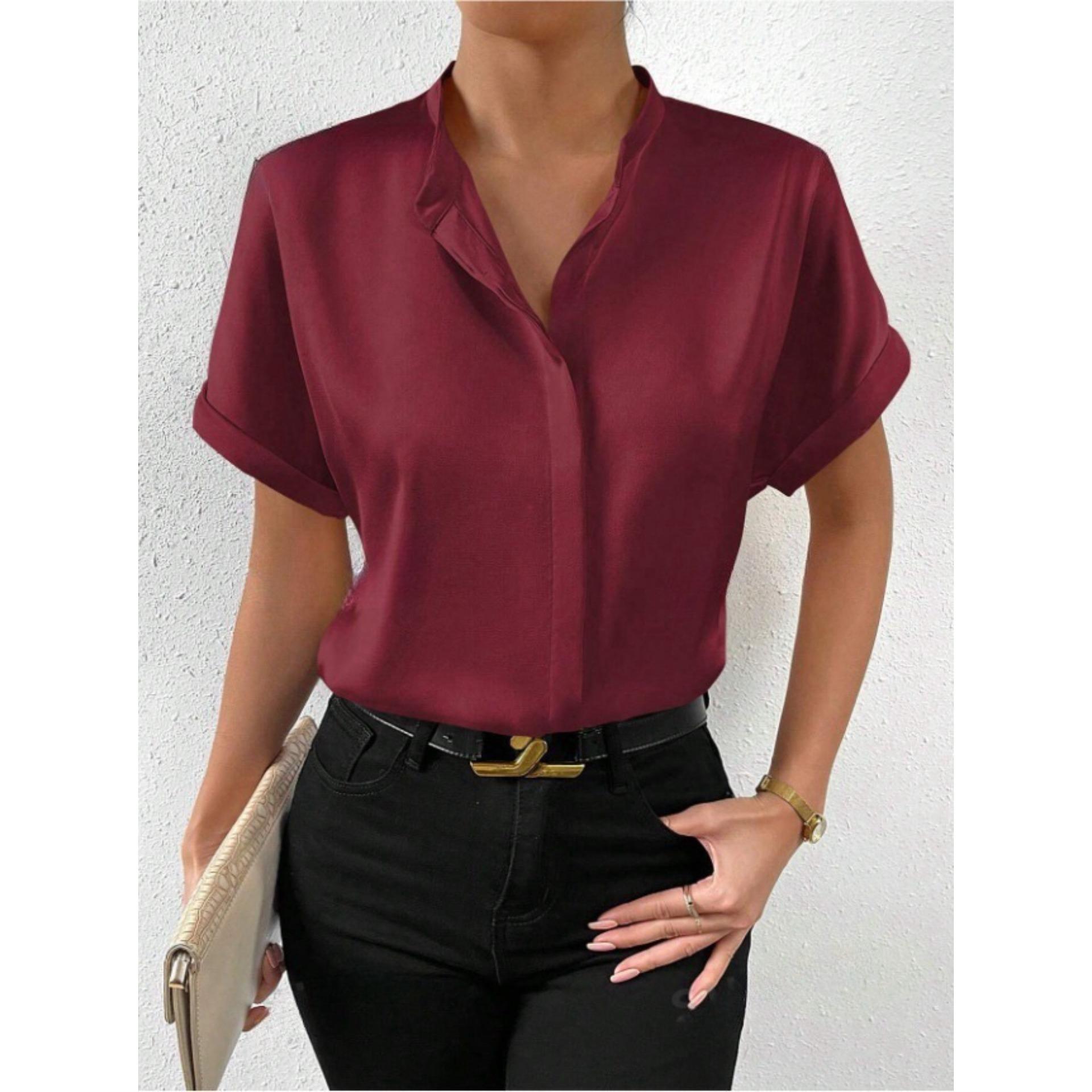 

Women s Solid Color Satin Short Sleeved Shoulder Up Collared Blouses & Shirts S чорний