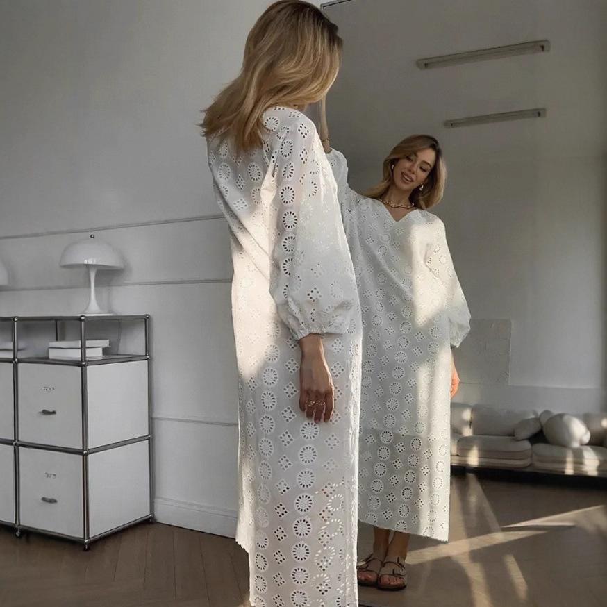 European and American Women's Clothing Autumn Hollow Jacquard Loose Fashion Casual Robe Dress Home Two Wear