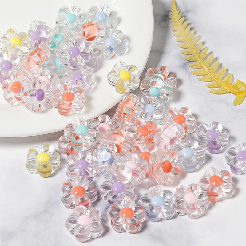 100Pcs Acrylic Colorful Flower Beads Transparent Mix Color Loose Beads Charms for DIY Bracelet Necklace Jewelry Making Findings
