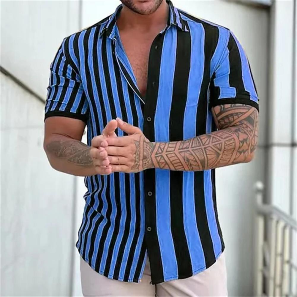 New Men's Striped Print Shirt, Casual Short Sleeve Turn-down Collar Summer Tops