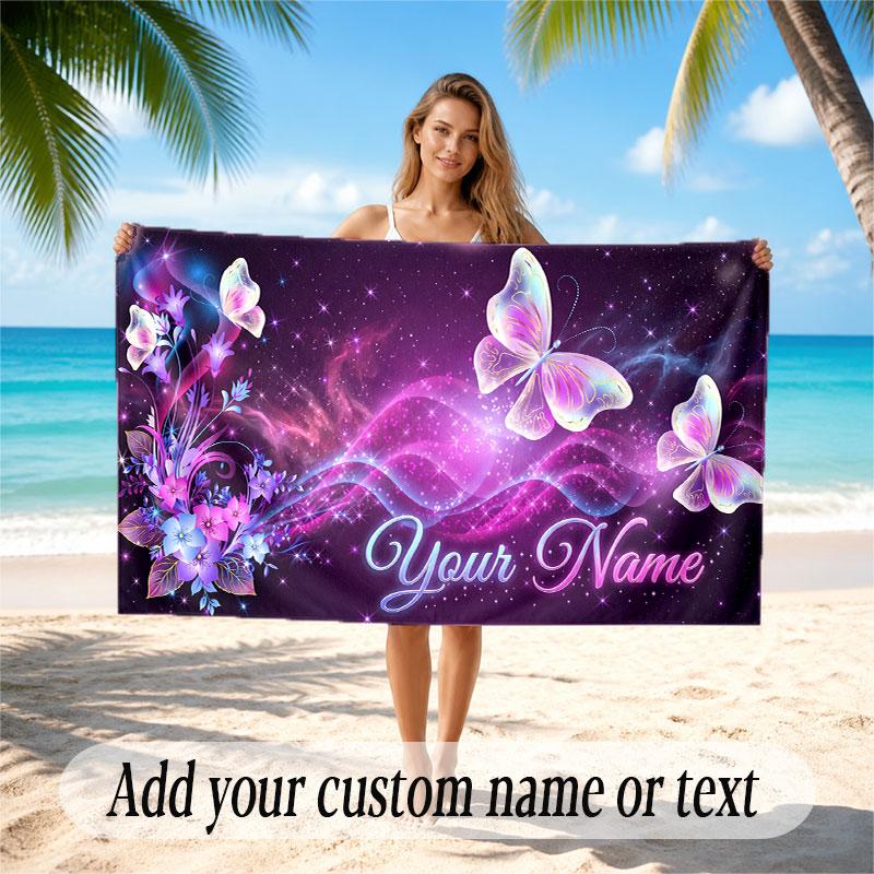 Butterfly Theme Soft Beach Towel Personalized Custom Name Text Towel Portable for Beach Pool Travel