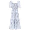 Retro square collar floral dress women's summer new super fairy Mori waist thin fungus edge long skirt