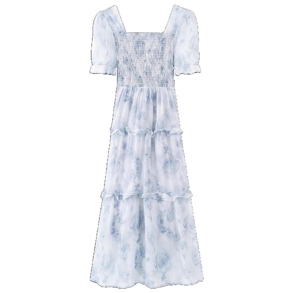 Retro square collar floral dress women's summer new super fairy Mori waist thin fungus edge long skirt