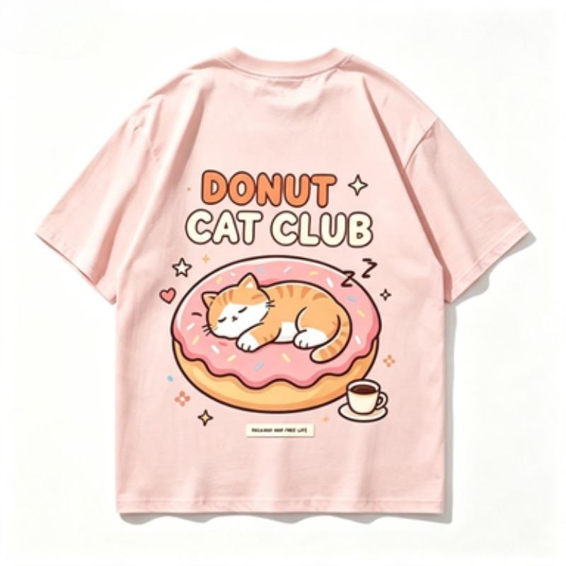 Donut Cat Club Graphic Tshirt Unisex Cute Sleeping Cat Donut Print Oneck Short Sleeve Loose Casual Summer Streetwear Tops