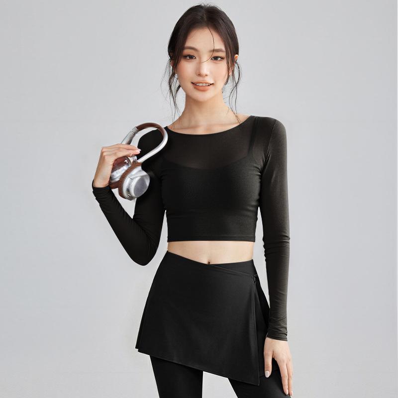 

Women s Mesh Two-Piece Yoga Suit with Chest Pads - Long Sleeve Pilates Sportswear L [Weight 105-115 Jin]