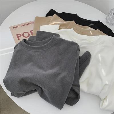 Women's Slim Fit Brushed Velvet Long-Sleeve T-Shirt - Warm White Autumn/Winter Top