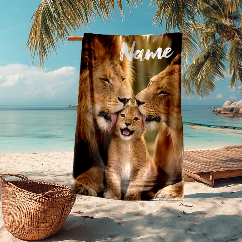 Custom Name Ultra-Soft Beach Towel with Lion Theme,Ideal for Pool - Camping, Diving - Perfect Travel Essential, Vibrant Beach Towel.