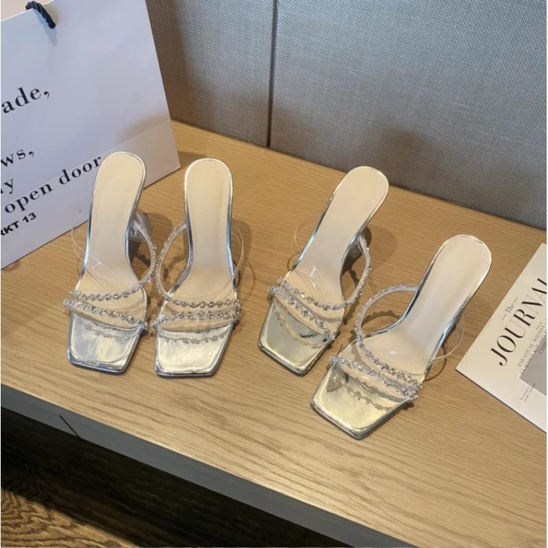 So white! Beautiful rhinestone wine glass and silver high heels, women's open-toed transparent cool slippers, and sandals
