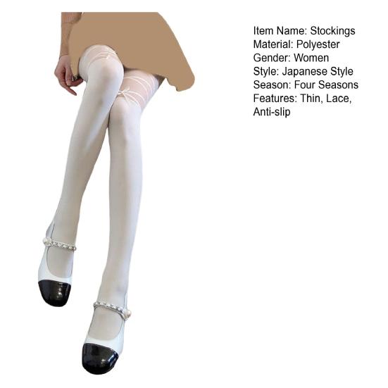 1 Pair Women Stockings Lace Patchwork Bow Decor High Elasticity Over Knee Length Skinny Solid