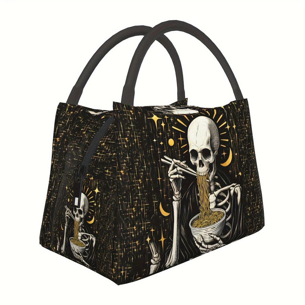 Skull Eating Noodles Insulated Lunch Bag Portable Reusable Oxford Food Container for Office School Picnic Travel Men Women