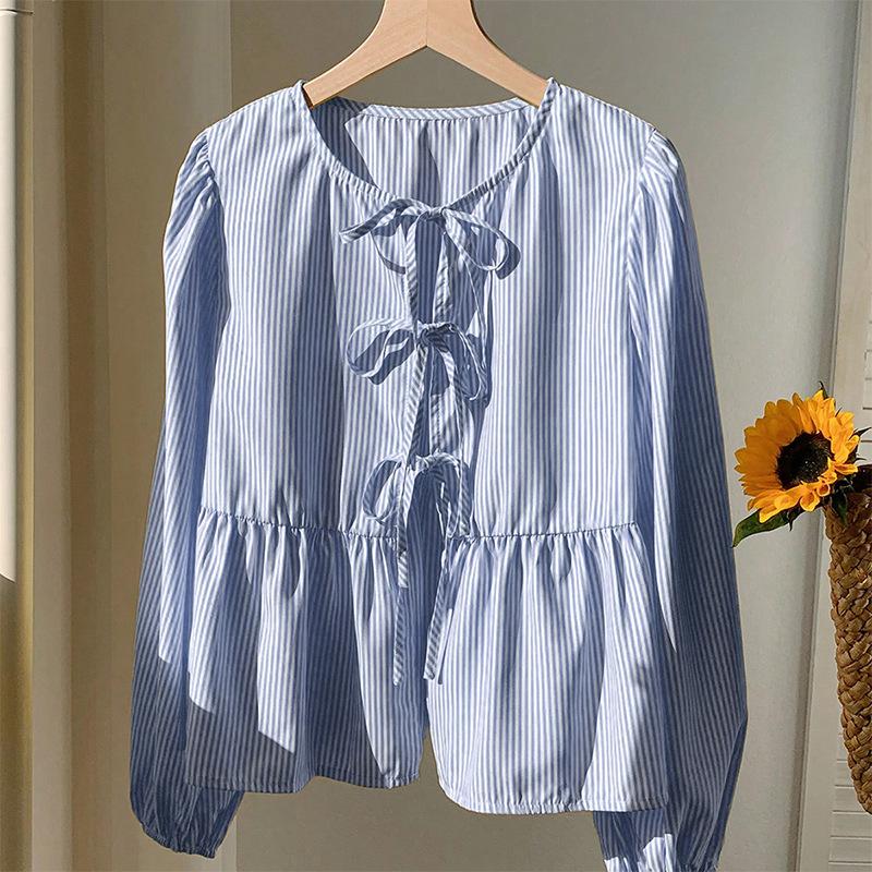 

Long-sleeved Round Neck Solid Color Shirt Tether Versatile Striped Shirt Autumn New Top for Women S синий