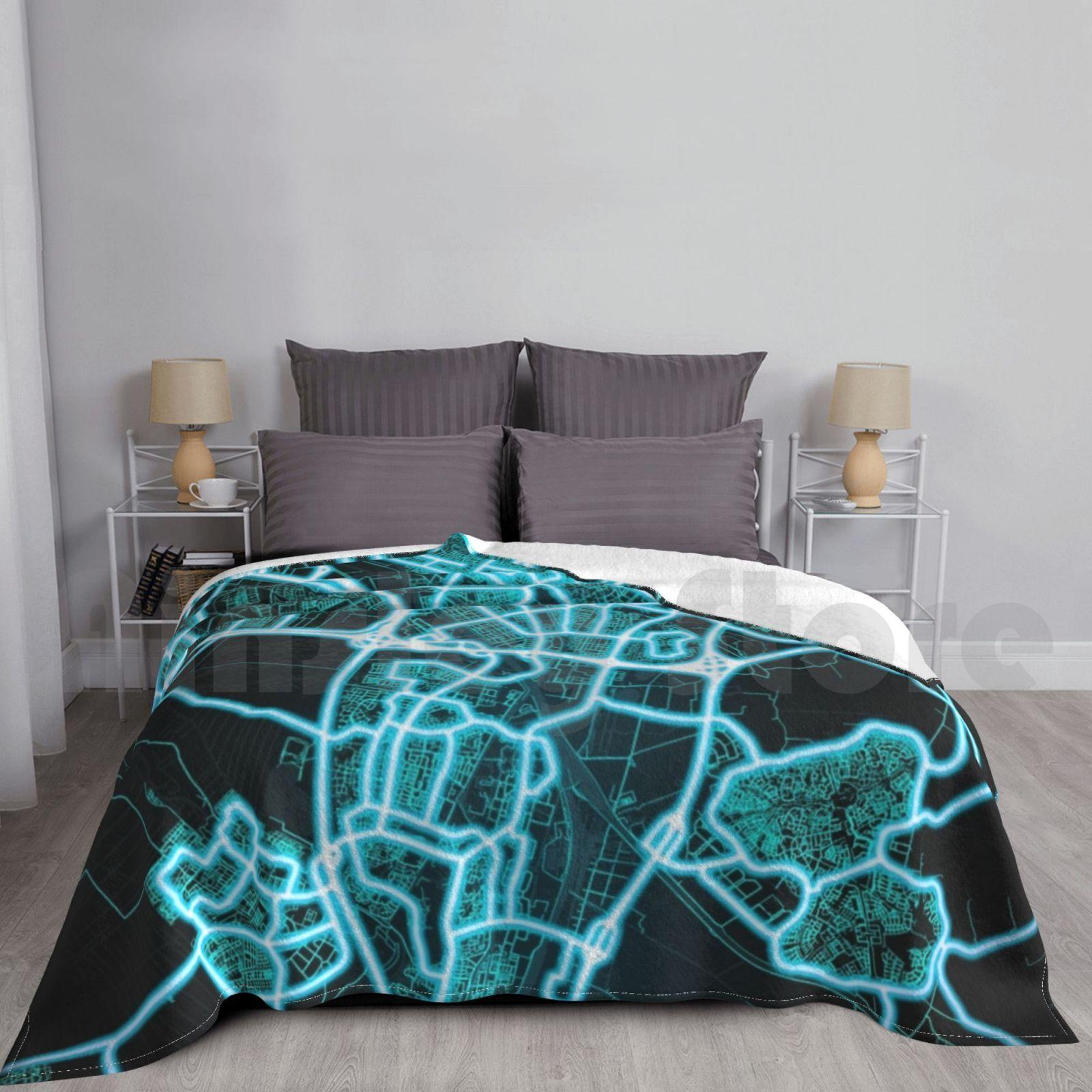 Utrecht , Netherlands , Blue , White , Neon , Glow , City , Map Blanket Super Soft Warm Light Thin Utrecht Netherlands Size: 75*100cm, Weight: 230 GSM