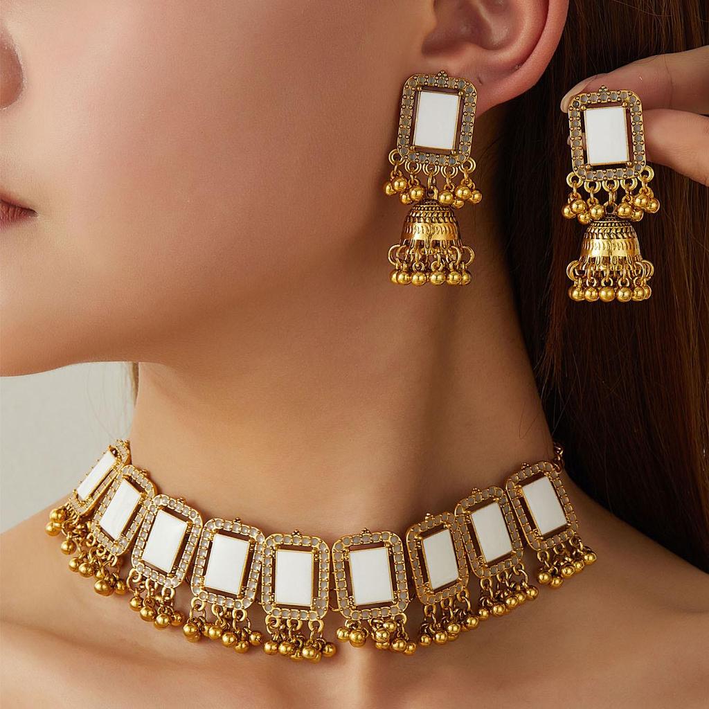Bohemian Rhinestone Bell Tassel Earrings & Geometric Necklace Jewelry Set for Women