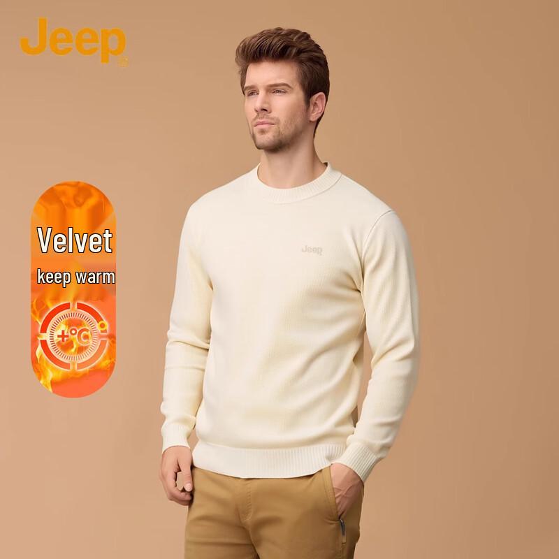 JEEP Men's Thick Chenille Fleece Embroidered Round Neck Sweater