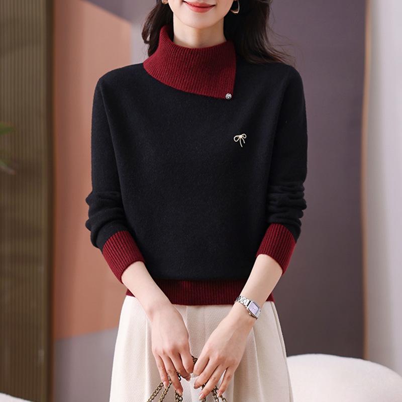 2026 Trendy Color Block Knit Sweater with Lapels - Stylish Women's Loose Fit Layered Top