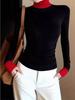 Women's Korean-Style Contrast Color High Neck Long Sleeve Slim Fit Top for Autumn/Winter