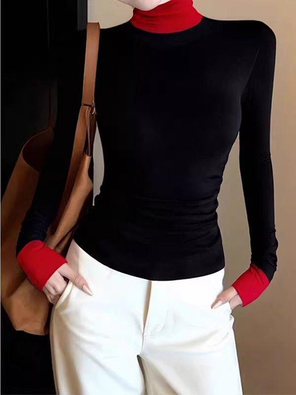 Women's Korean-Style Contrast Color High Neck Long Sleeve Slim Fit Top for Autumn/Winter