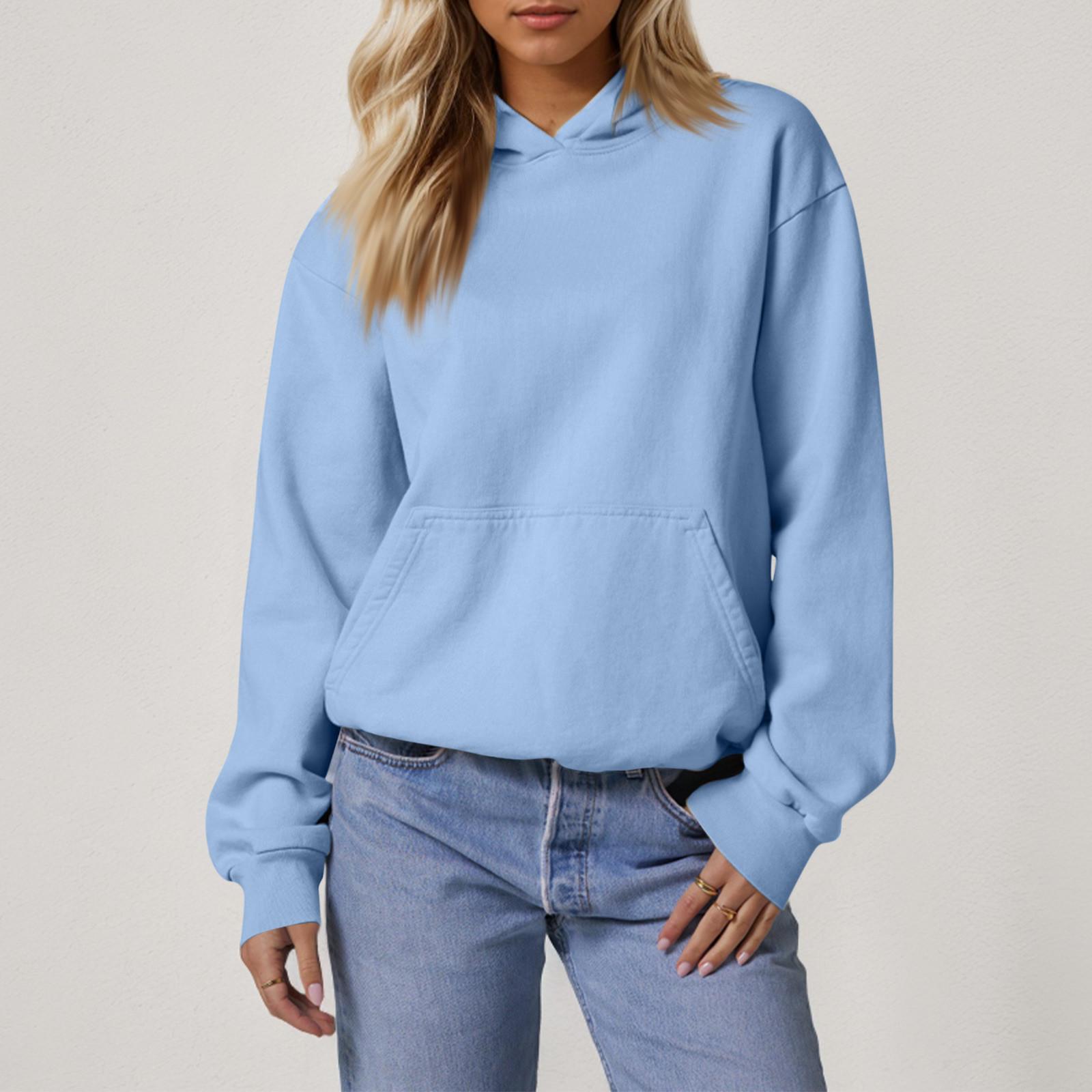 

Женские свободные толстовки с длинными рукавами, блузки, повседневные модные однотонные пуловеры, толстовки с капюшоном, топ с карманом L