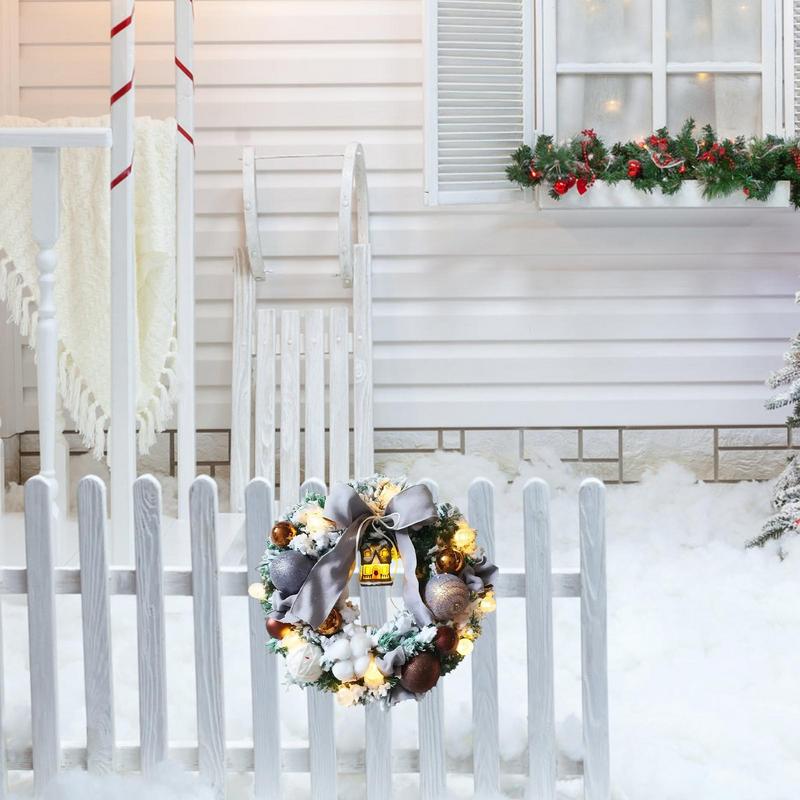 Christmas Snow Wreath Artificial Christmas Door Wreath with Bow Tie Realistic Handmade Led Wreath Holiday Decor for Bedroom