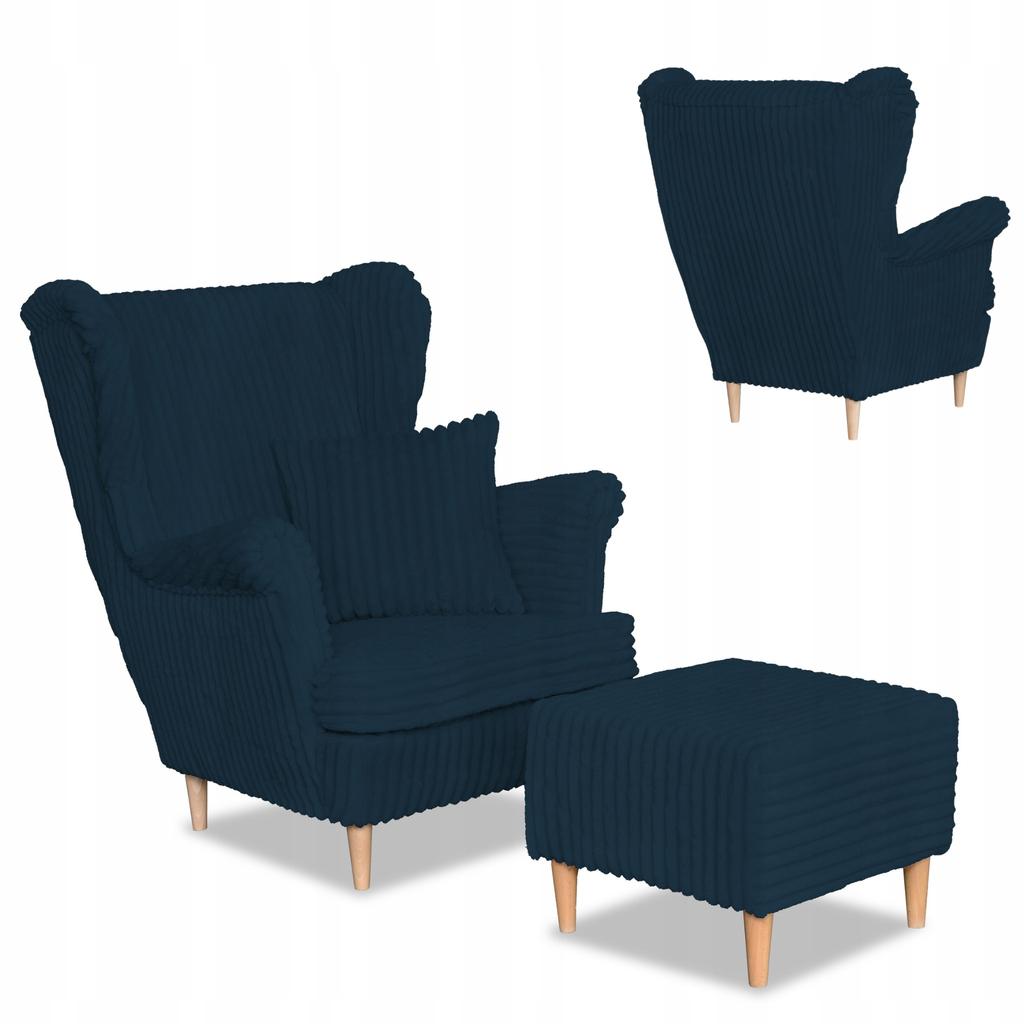 Fotel uszak Rene z podnóżkiem skandynawski Family Meble niebieski sztruks