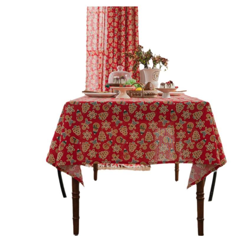 1PC Christmas Biscuit Man Print Japanese Cotton and Linen Red Festive Table Cloth Decoration Kitchen Rectangle