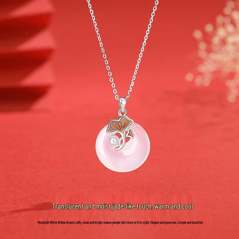 Ginkgo Leaf White Agate Buckle Necklace for Women - S925 Sterling Silver, Chinese Style S925 Silver